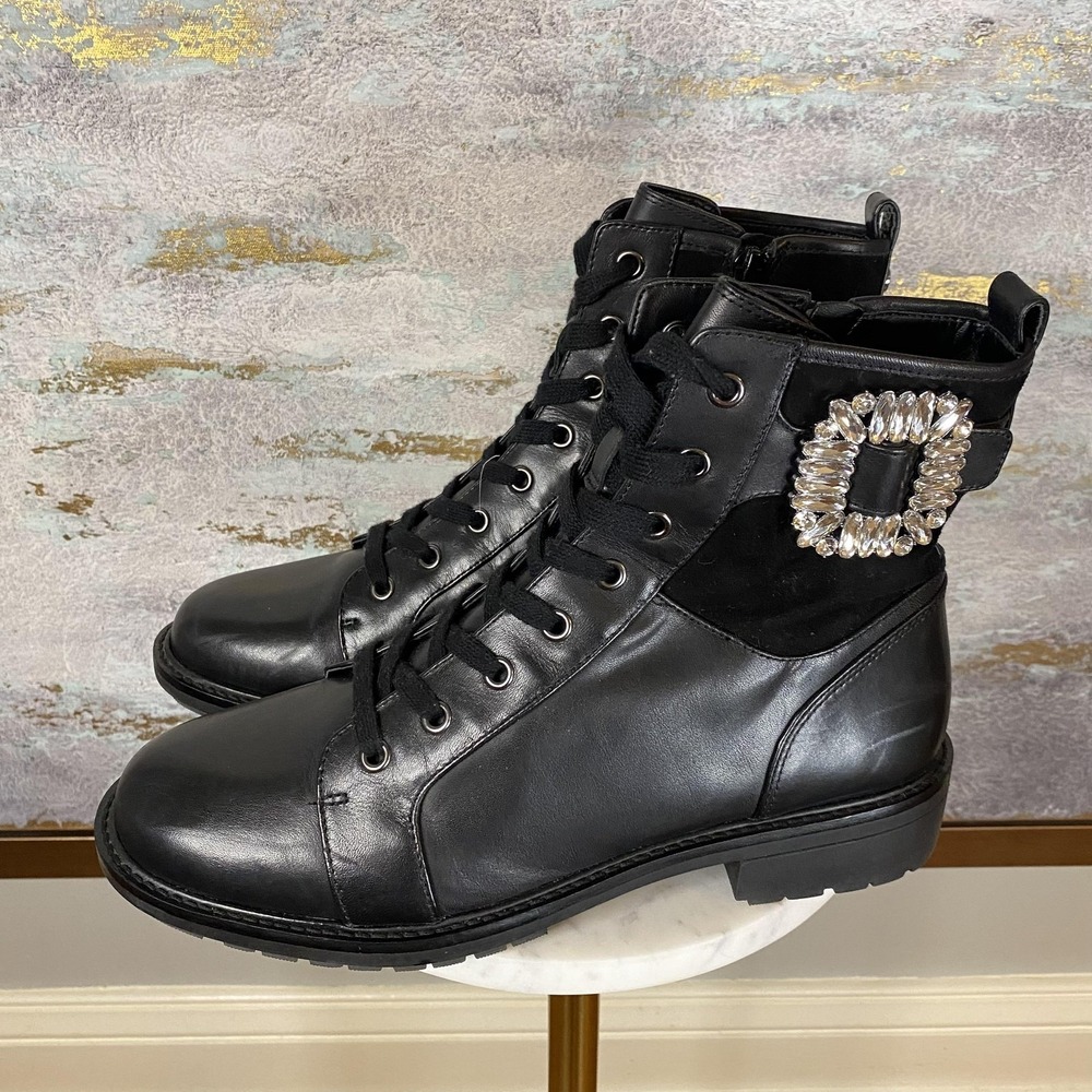 Alex Marie Boots Womens Size 10 Black Leather Combat Rhinestone Ankle Lace Up